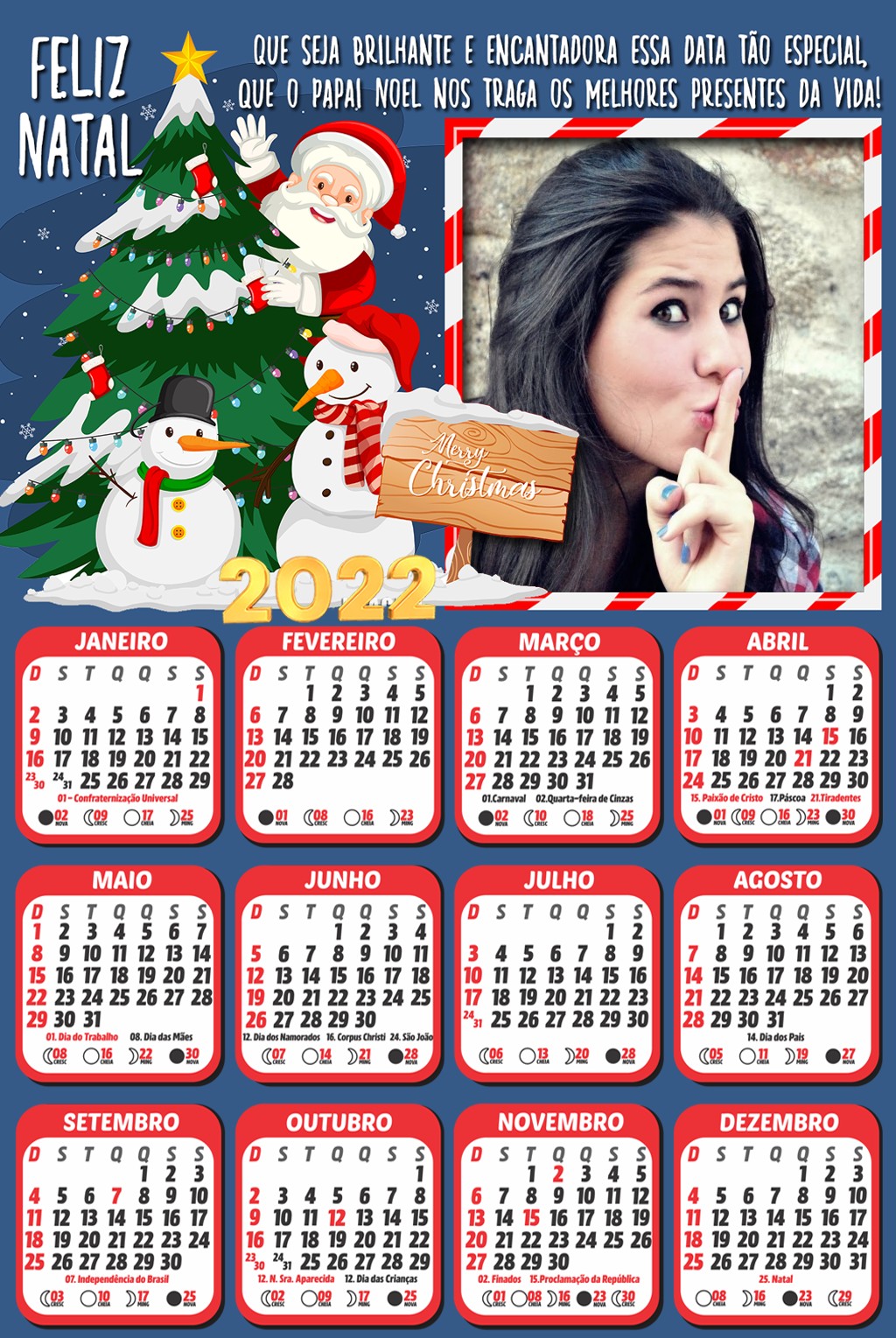 Montagem de Fotos | Calendário | Moldura de Natal com Calendário 2022 com  Papai Noel
